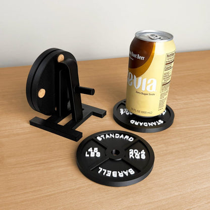 Weight plate coaster set of 4 with storage rack for home gym and man cave decor