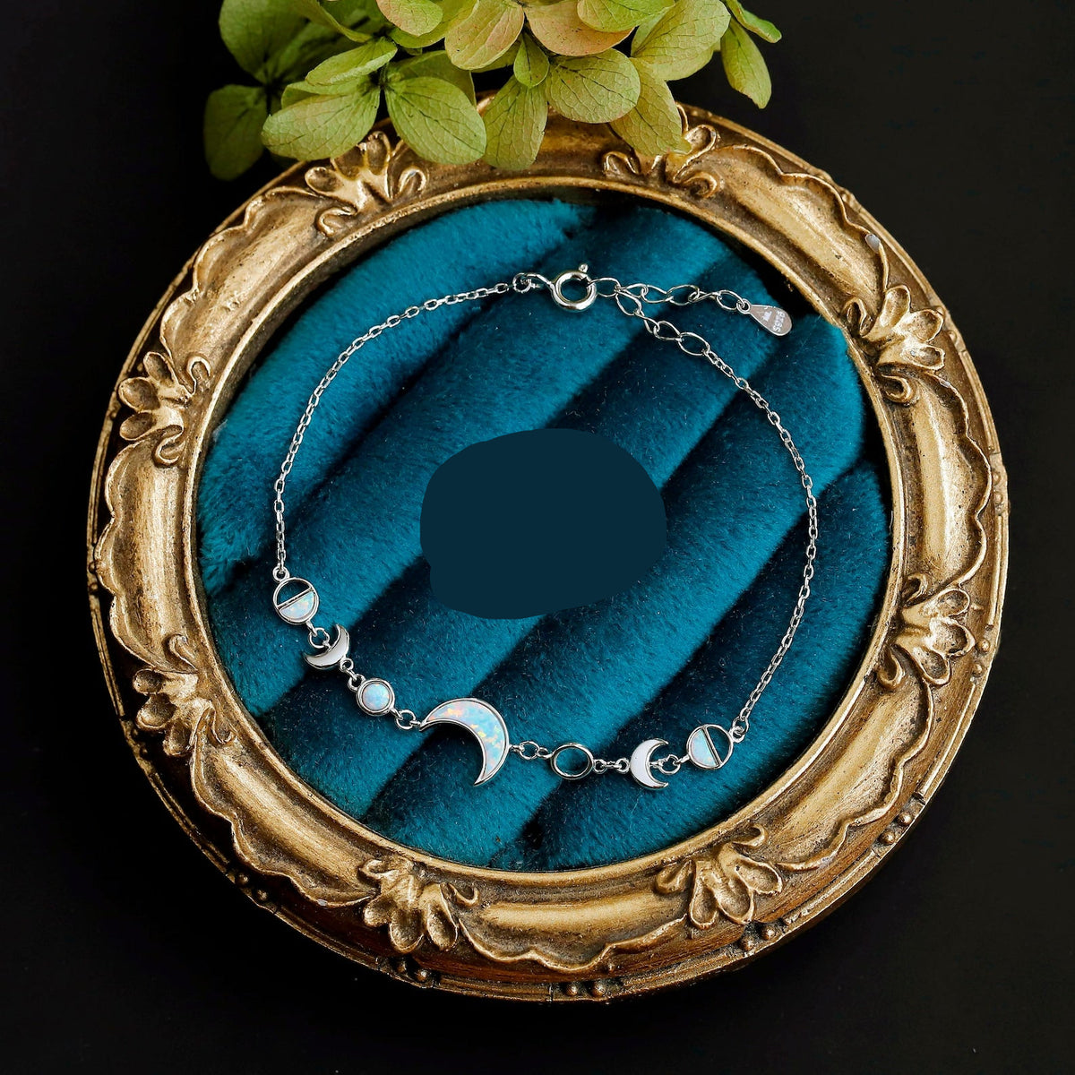 White opal moon phases sterling silver bracelet with fire opal crescent moon charm