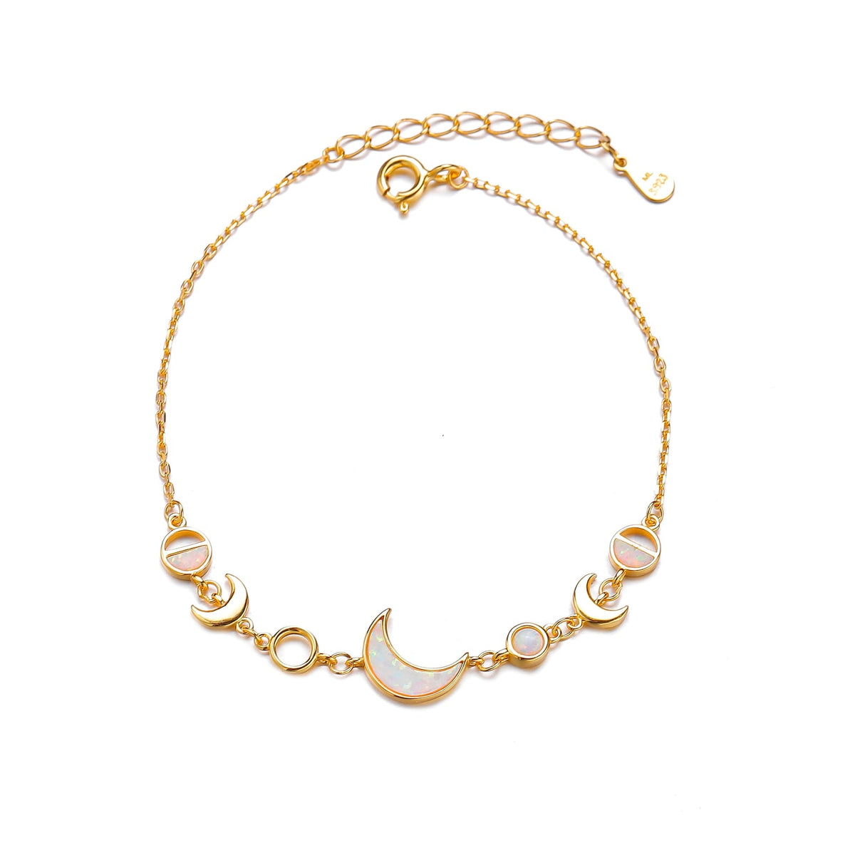 White opal moon phases sterling silver bracelet with fire opal crescent moon charm