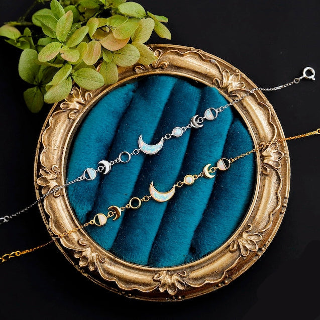 White opal moon phases sterling silver bracelet with fire opal crescent moon charm
